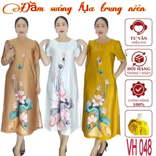 Đầm lụa VH048 in hoa 3D,thiết kế fom Suông che khuyết điểm bụng ,sang chảnh ,quý phái lịch lãm ,dành cho tuổi trung niên