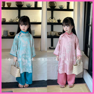 Áo Dài Long Phụng Tết 2025 Cho Mẹ Và Bé  TẶNG BỜM - VÒNG Cổ Vải Gấm Vân Nổi Cổ Cúc Bọc Phối Quần Lụa Ngọc Trai Cao Cấp