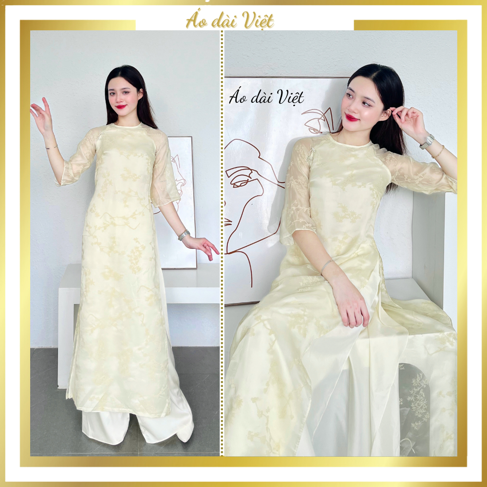 Áo dài cách tân 4 tà dáng suông voan lụa thêu hoa vàng kem be cao cấp may sẵn đồng phục giáo viên