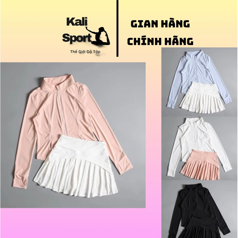 [ORDER] KALI SPORT Set Đồ Tập Thể Thao Pickleball Tennis Cầu Lông Nữ Áo Tay Dài Khoá Kéo Chân Váy Xế