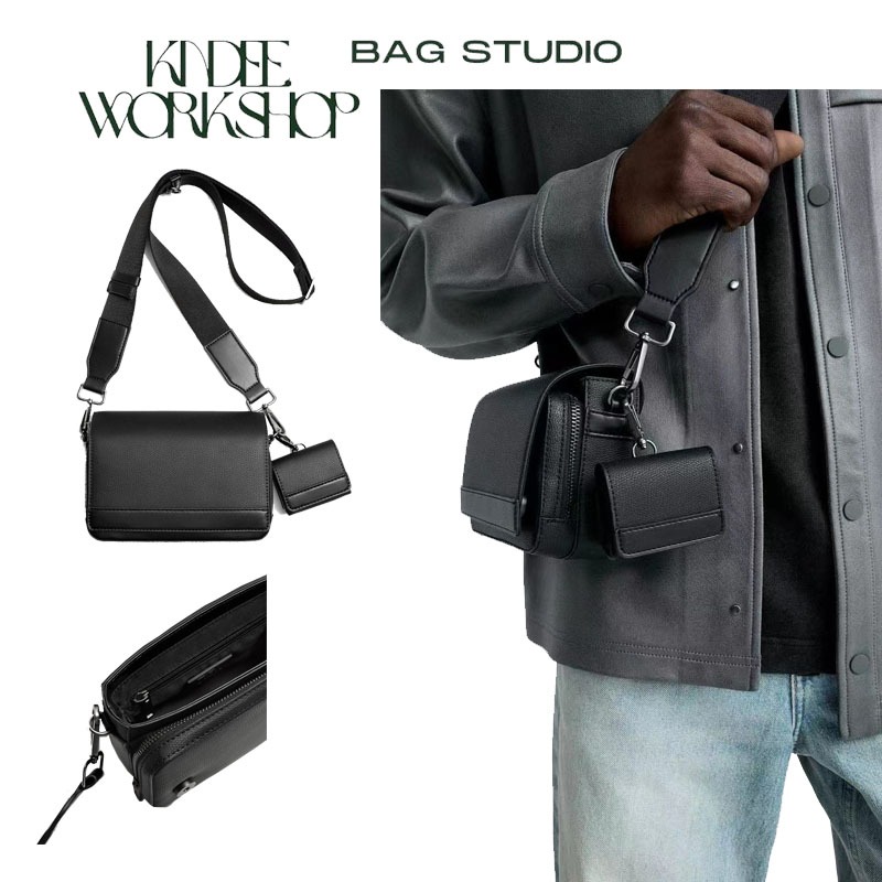 Giỏ đeo vai dáng hộp messenger kèm túi nhỏ viền da vân, túi chéo nam basic màu đen da trơn Kindee
