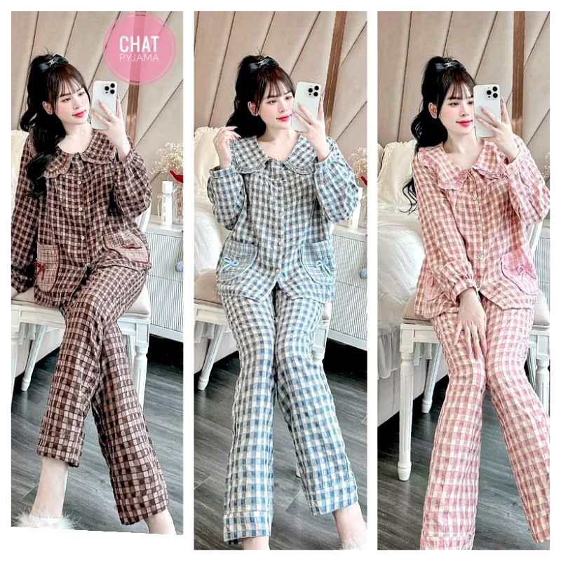 [SEN NHUNG] Sét Bộ Pyjama Kẻ Caro nhung Sen Túi Nơ siêu hot CHAT175