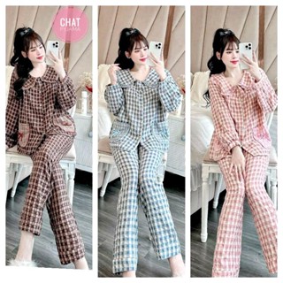 [SEN NHUNG] Sét Bộ Pyjama Kẻ Caro nhung Sen Túi Nơ tay dài quần áo siêu hot CHAT175.