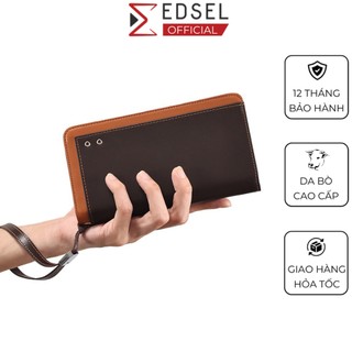 Ví dài nam nữ cầm tay da bò cao cấp nhiều ngăn thương hiệu EDSEL đựng thẻ atm, tiền phong cách kinh doanh màu nâu
