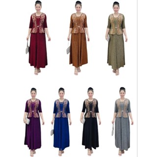Đầm dạ hội trung niên kiểu vest nạm đá cỏ ba lá thân áo vải thun nhũ co giãn che bụng bigsize 75kg, Đầm vest dài đi tiệc