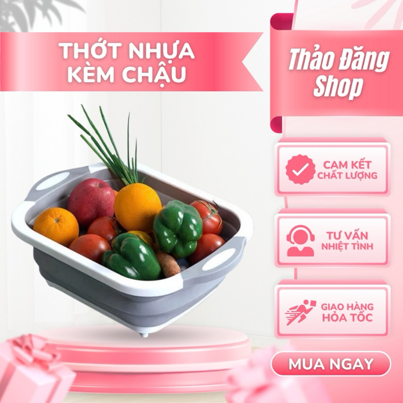 Thớt Nhựa Kèm Chậu 💥Chậu gấp gọn kèm thớt với rổ đựng đa năng tiện dụng