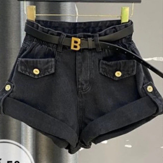 Quần sọt jean nữ mẫu trơn vải jean kaki cotton phối nắp túi lai lật, Quần lật lai nắp hộp