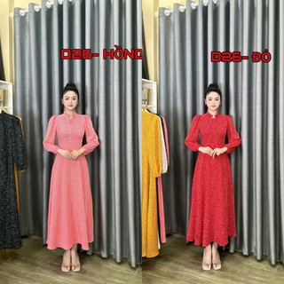 Đầm Váy Maxi Chấm Bi Tay Dài Phối Nút Cài Duyên Dáng Hàng Cao Cấp