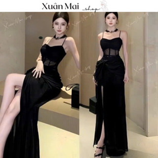 Đầm 2 dây nữ xẻ tà hở đùi gợi cảm phối lưới nhún hông mặc đi tiệc đi chơi