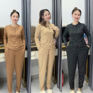 Đồ bộ bigsize quần dài baggy kèm áo cổ tròn tay dài mùa thu đông vải thun gân tăm lạnh size 45-75kg HTD47