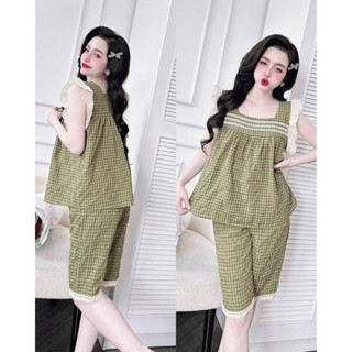 Bộ Lửng Nữ Mặc Nhà Trúc My < 57kg, vải đũi Xô họa tiết, quần có túi