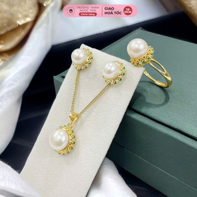 Bộ Trang Sức Bạc 925 Mạ Vàng Đính Ngọc Trai 9ly Và Đá Xanh Sang Trọng - Ngọc Trai Trường Thịnh