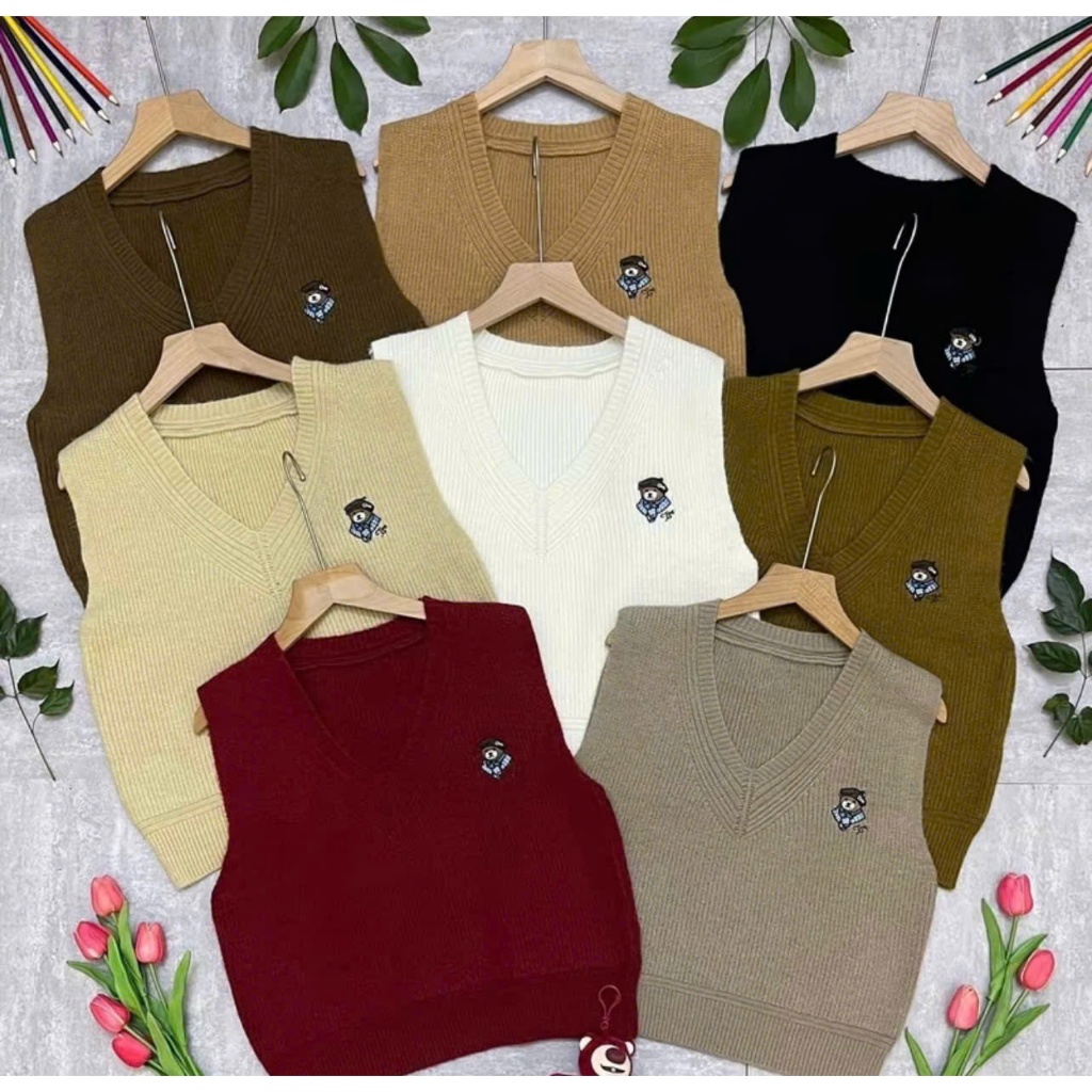 Áo Gile len nữ thêu Gấu ĐỘI MŨ thủy thủ hàng QC