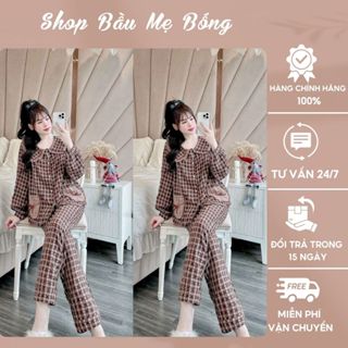 Bộ Đồ Mặc Bầu Và Sau Sinh Quần Dài Áo Dài Kẻ Túi Nơ Cổ Bèo Vải Đũi Gân Nhung Mềm Dưới 72kg