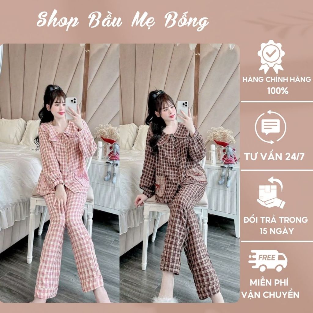 COMBO 2 Bộ Đồ Mặc Bầu Và Sau Sinh Quần Dài Áo Dài Kẻ Túi Nơ Cổ Bèo Vải Đũi Gân Nhung Mềm Dưới 72kg