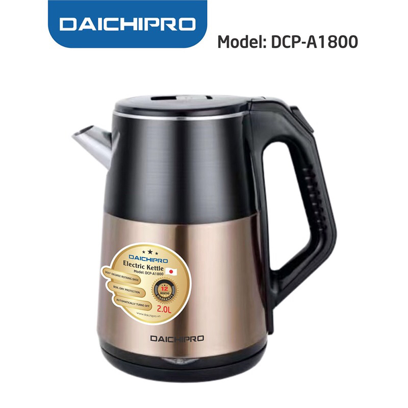 Ấm siêu tốc điện inox Daichipro DCP-A1800 đun sôi nhanh,tay cầm cách nhiệt,tự động ngắt khi sôi (2L)