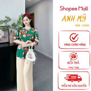 Set bộ đồ bà ba nữ ANH MỸ, áo cách tân bigsize tay lỡ cổ tròn mix quần lụa họa tiết hoa nhí (SP0304)