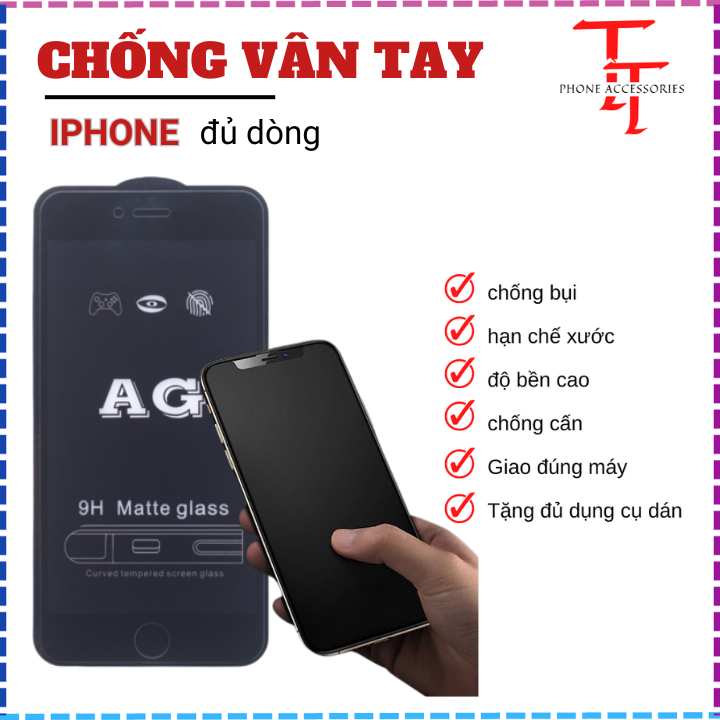 Cường lực Iphone 16 15 14 13 12 11 Pro Promax Plus X XS XSMAX XR 7plus 8plus, cường lực nhám AG chốn