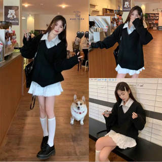 Set Áo Len Cổ Tim Mix Áo Sơ Mi Mix Chân Váy Phong Cách Nhẹ Nhàng Tiểu Thư Xinh Mê