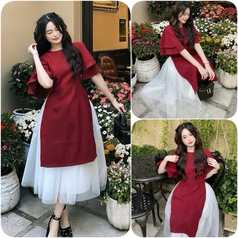 Sét Áo Dài Cách Tân Nhung Tăm Mặc Tết 2025 Gồm Áo Dài Nhung Tay Xoè + Chân Váy Xoè Dài Natide_store B1V22S