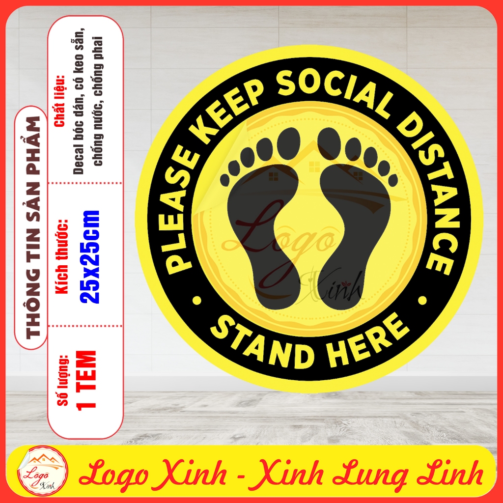 LOGO TEM STICKER CHỖ XẾP HÀNG, ĐỂ CHÂN GIỮ KHOẢNG CÁCH 2M PHÒNG CHỐNG LÂY LAN DỊCH- 2M SAFE DISTANCE