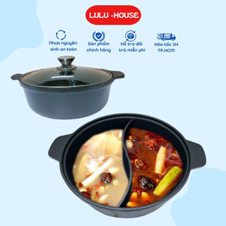 Nồi lẩu 2 ngăn gang nhôm chống dính nắp kính dùng được cho mọi loaị bếp