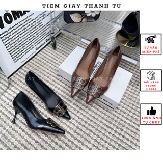 (F1113-3 ) Giày cao gót nữ công sở da mềm mũi nhọn gót nhọn đính tag bạc hàng QCCC fullbox