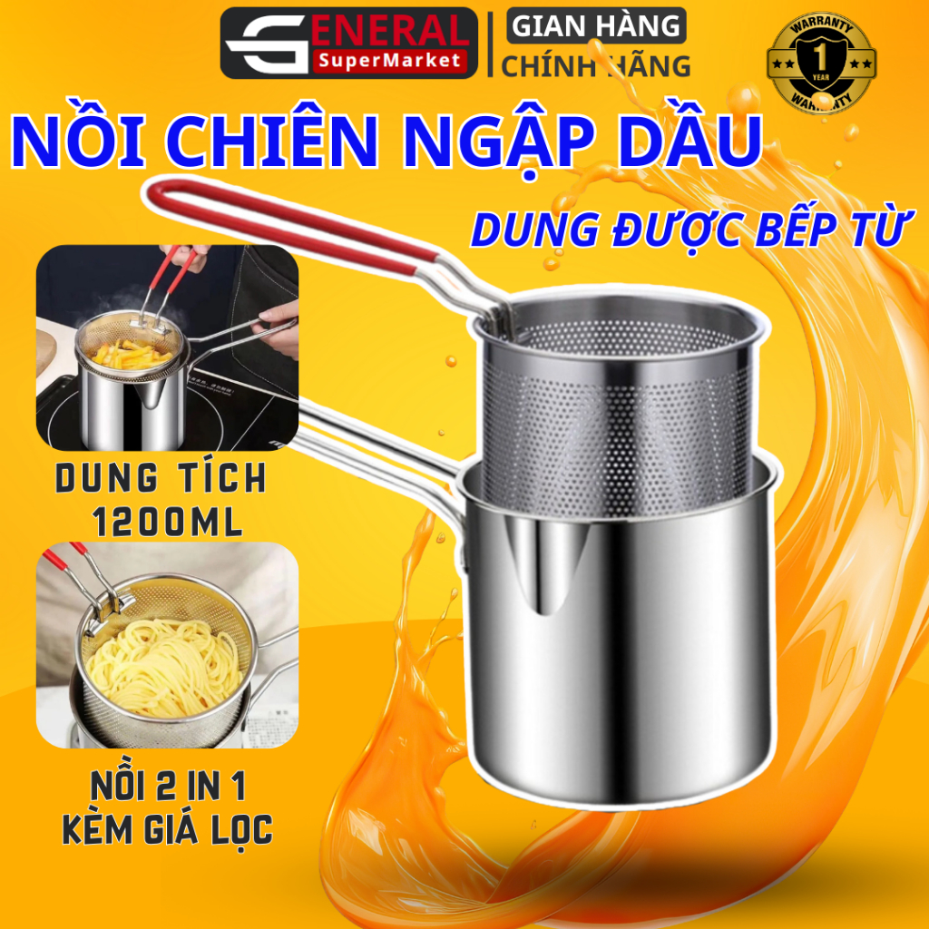 Nồi Chiên Nhúng Ngập Dầu, Khoai Tây Chiên, trần bún, hủ tiếu, luộc, Chất Liệu inox 304 siêu tiện lợi