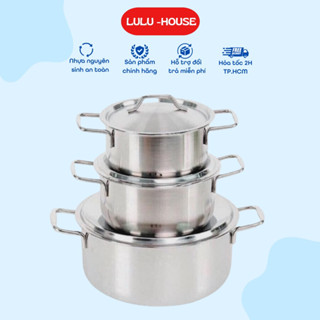 Bộ 3 nồi inox dùng được cho mọi loại bếp, đáy 1 lớp dày dặn, bắt nhiệt tốt. Hàng cao cấp không cháy xén khi xào nấu