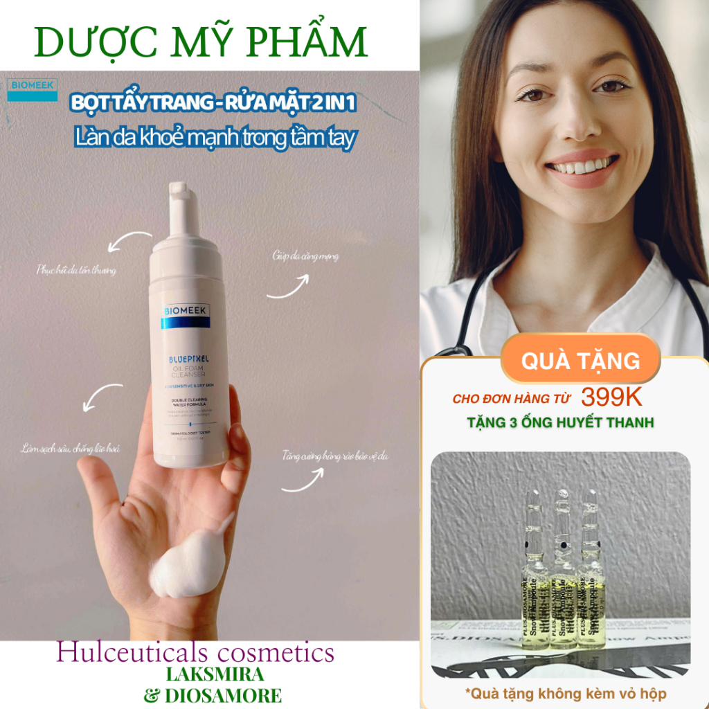 Bọt dầu tẩy trang - rửa mặt biomeek Bluepixel oil foam cleanser 150ml