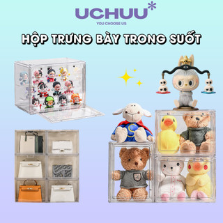 Hộp Trưng Bày Trong Suốt UCHUU, Hộp Nhựa Mica Lắp Ráp Đựng Mô Hình Đồ Chơi, Búp Bê Cửa Hít Nam Châm