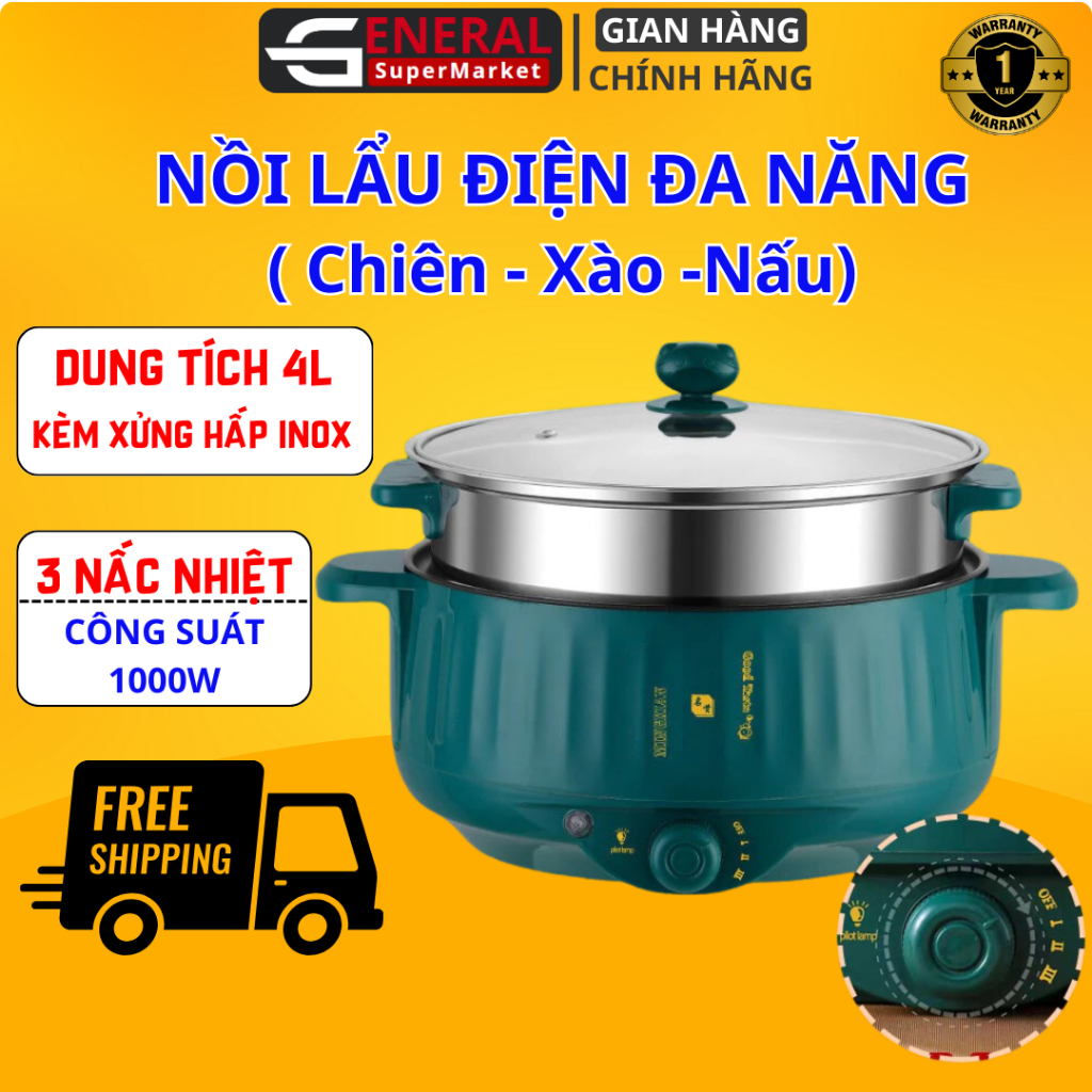 Nồi Lẩu Điện Đa Năng 2 Tầng, Bếp Điện Thông Minh Công Suất Lớn 1000W Kèm Giá Hấp Inox.BH 12 tháng.