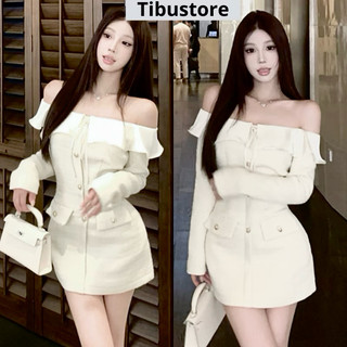 Đầm Body Trễ Vai Tay Dài TRẮNG Viền Bèo Đính Nơ TIBU Đầm Dư Tiệc Nữ Sang Chảnh Đi Chơi Thu Đông Tôn Dáng D100