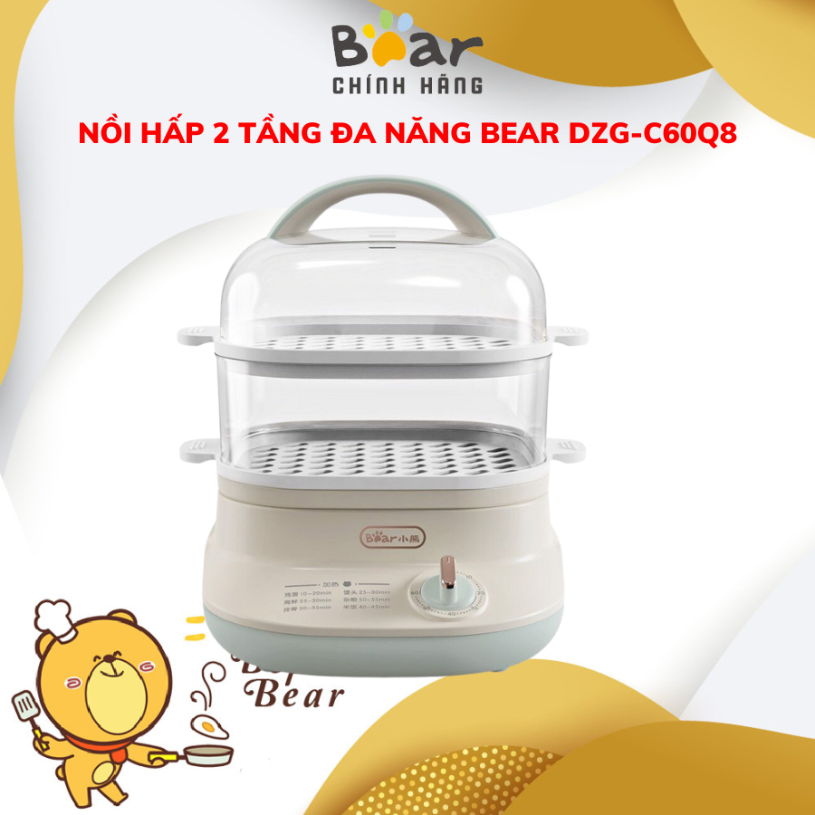 Nồi hấp điện 2 tầng Bear DZG-C60Q8, Dung tích 6L, 500W, Chịu nhiệt, Hẹn giờ hấp 60 phút, BH 18 Tháng