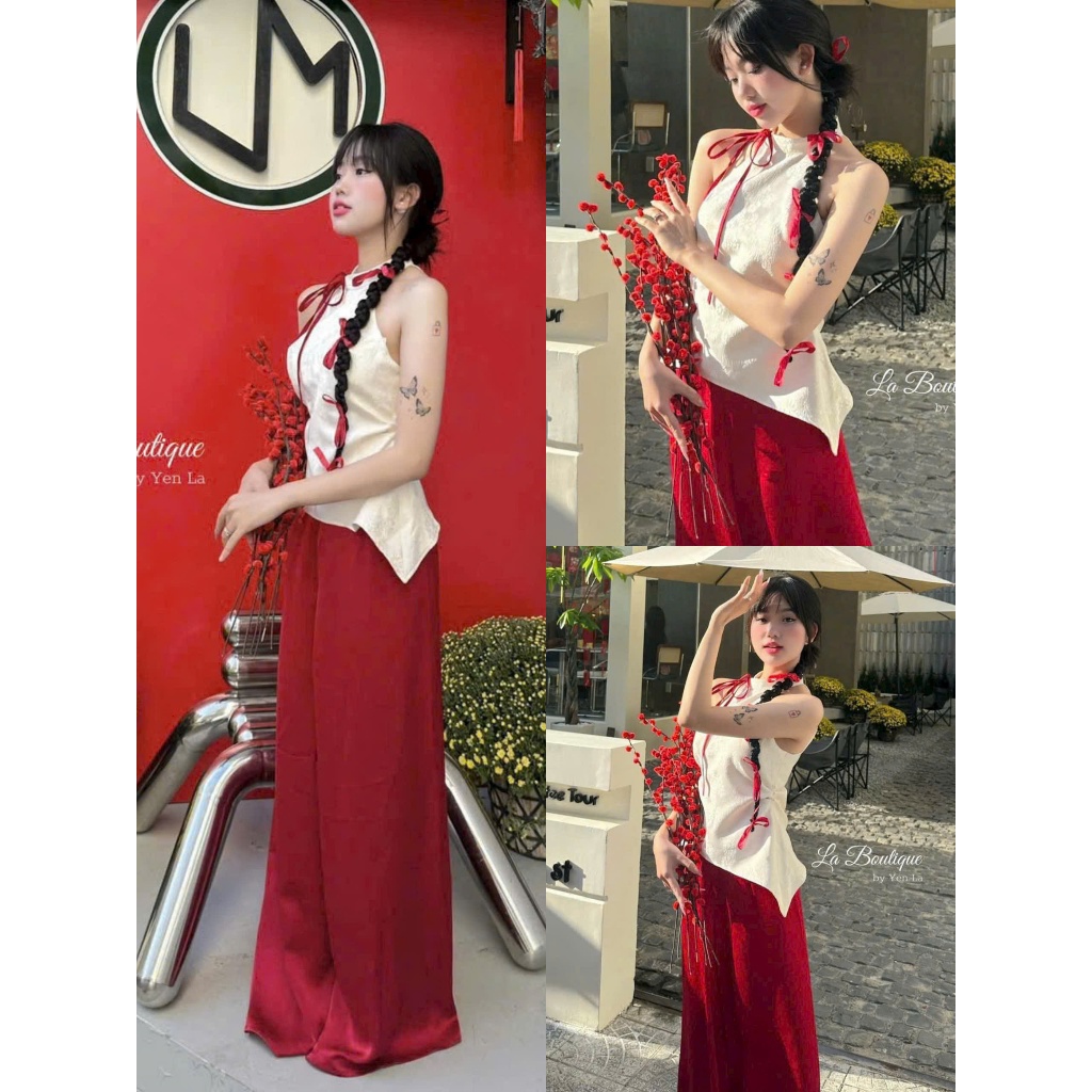  Set bộ áo yếm gấm hoa văn mịn màng dây cột nơ cổ xẻ tà quần ống rộng chất cotton lạnh mặc diện tết cực sành điệu 