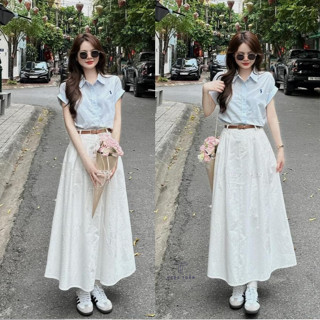  Set Áo Công Sở -Set 3 Món Áo Sơ Mi Tay Hến Kèm Chân Váy Dáng Dài Xoè Xếp Ly Kèm Thắt Lưng Ngọc Tuấn 