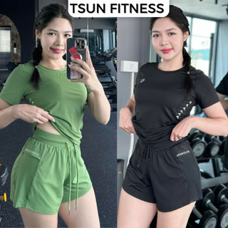 Set đồ tập gym yoga thể thao nữ áo cộc tay quần đùi 2 lớp chất thun lạnh co giãn thoáng mát Tsun Fitness