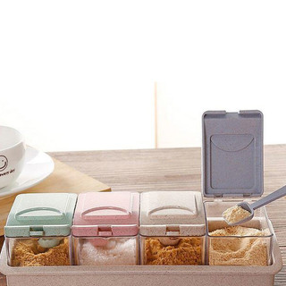 Khay 4 hộp đựng gia vị làm từ rơm lúa mì