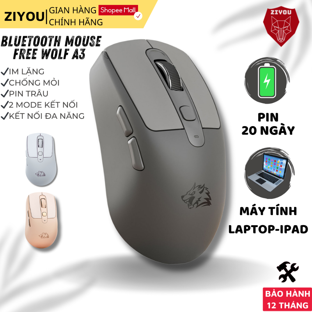 Chuột Bluetooth Không Dây Ziyou Free Wolf A3 Chip PAW3212 Siêu Mượt Dùng Văn Phòng, Chơi Game
