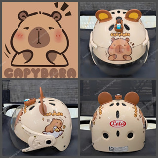 Nón bảo hiểm cho bé hình Capybara, Labubu đạt chuẩn, mũ bảo hiểm có kính gắn sticker 3D chính hãng Long Thanh