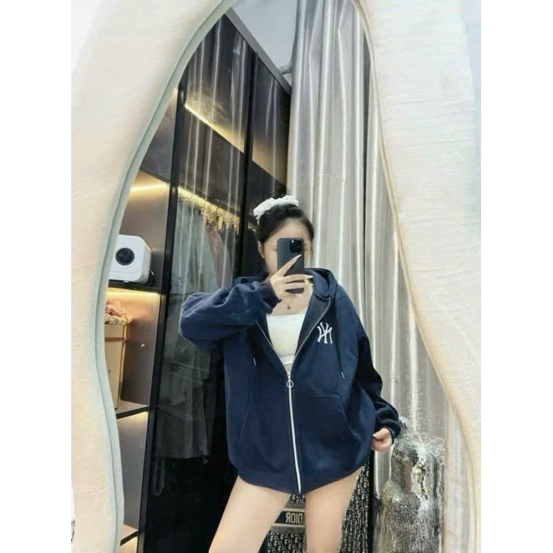 Áo Khoác Mũ Trần 2 Lớp Chất Zip Tàu THÊU CHỮ NY ,form rộng tay dài Unisex Oversize Nam Nữ mặc đều đẹ
