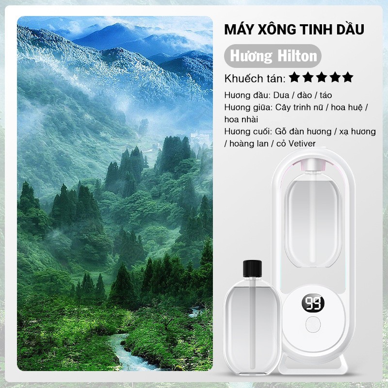 [COMBO MÁY+TINH DẦU] Máy xịt thơm phòng tự động máy xông tinh dầu 5 chế độ hương Hilton nhẹ dịu khử 