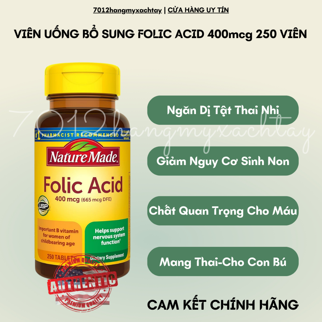 Viên uống Acid Folic 400mcg cho mẹ bầu, mẹ sau sinh 250 viên giúp ngăn ngừa dị tật ở thai nhi