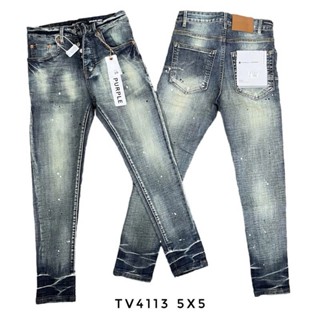 Quần Purple Nam Xanh Dáng Skinny wash xanh bụi trơn vảy sơn dập nhăn loang 3D ống 4 cúc boy phố