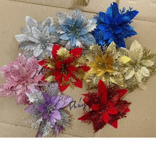 Hoa trạng nguyên vải lụa nhung size 14cm nhũ, kim tuyến trang trí vòng nguyệt quế, cây thông noel | Phụ kiện trang trí