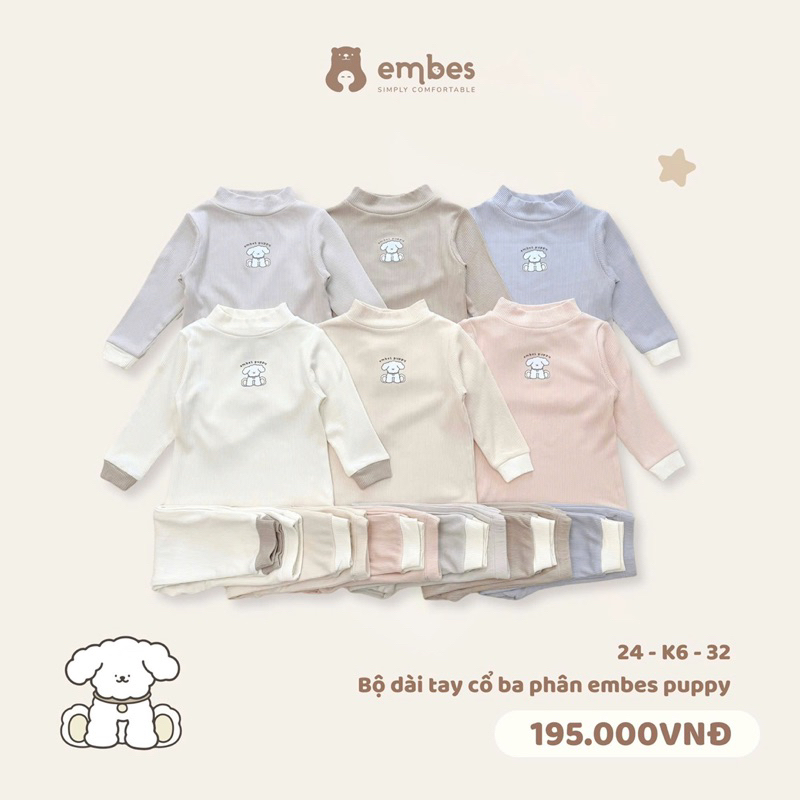 Bộ dài tay giữ nhiệt Embes in hình cún cổ cao 3phân chất dày mịn cho bé trai bé gái. Bộ giữ nhiệt cho trẻ em