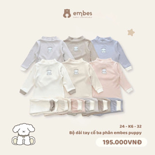 (EMBES/Chính Hãng) Bộ dài tay giữ nhiệt trần nỉ bông dày dặn cổ cao 3 phân hình cún Embes Puppy cho bé trai bé gái