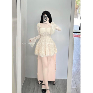 Váy Trễ Vai Ren Tay Loe Dài Tiểu Thư Dự Tiệc Sang Trọng Mang Được 2 Kiểu Size S M L V702 AĐ BOUTIQUE
