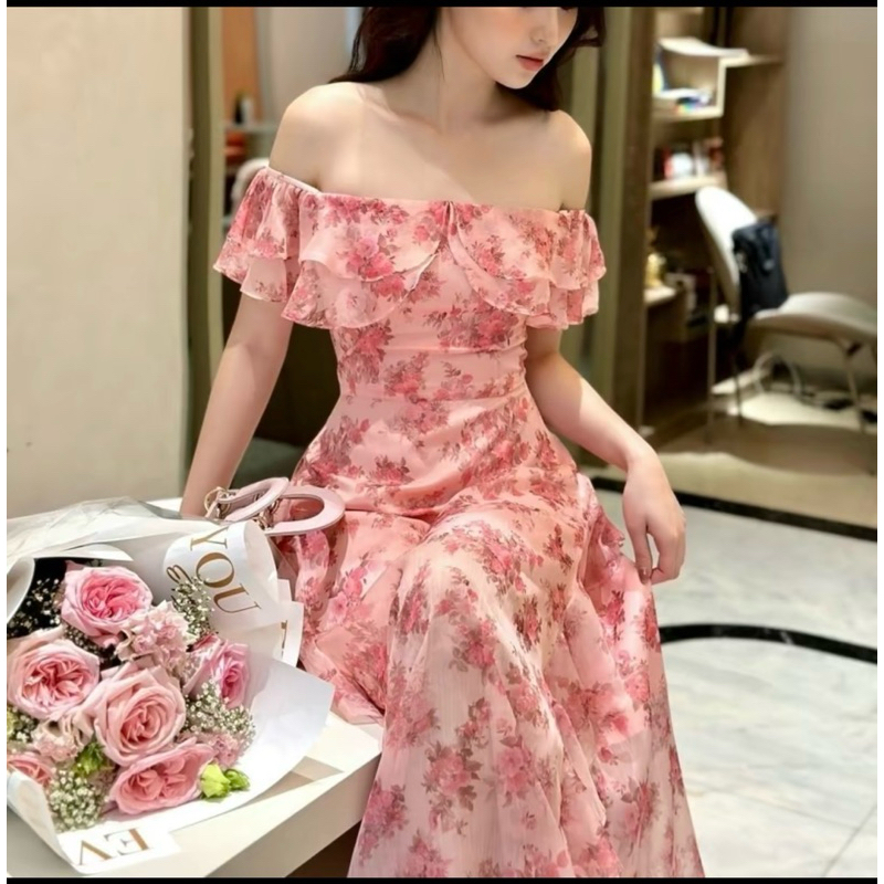 đầm hoa trễ vai hàng thiết kế , chất liệu voan sẵn hàng , đầm trễ vai nữ , đầm dự tiệc đi biển cho n