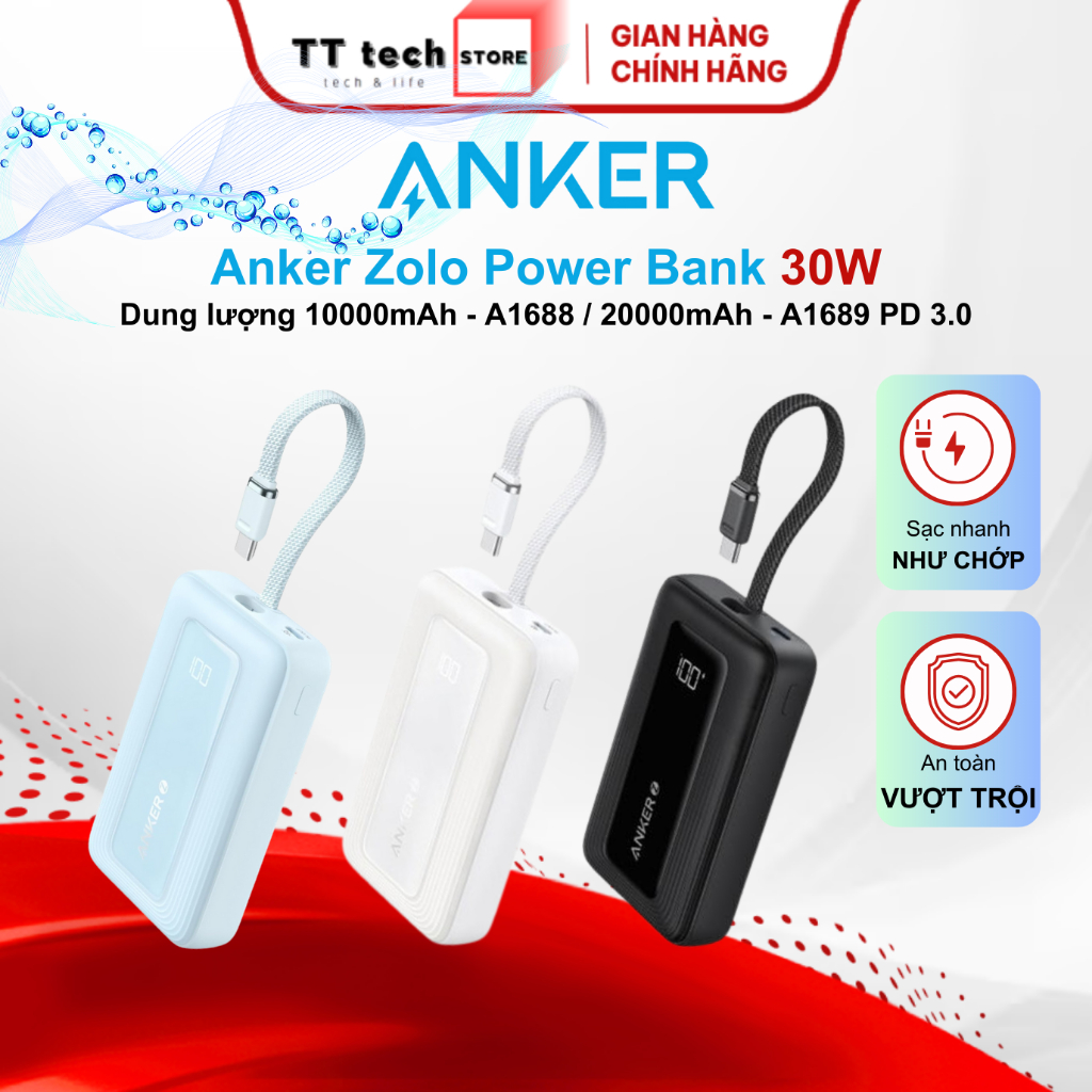 Pin sạc dự phòng Anker Zolo A1688 / A1689 30W 10000mAh/20000mAh - 2 cổng 1C1A cáp liền C-C - PD/QC